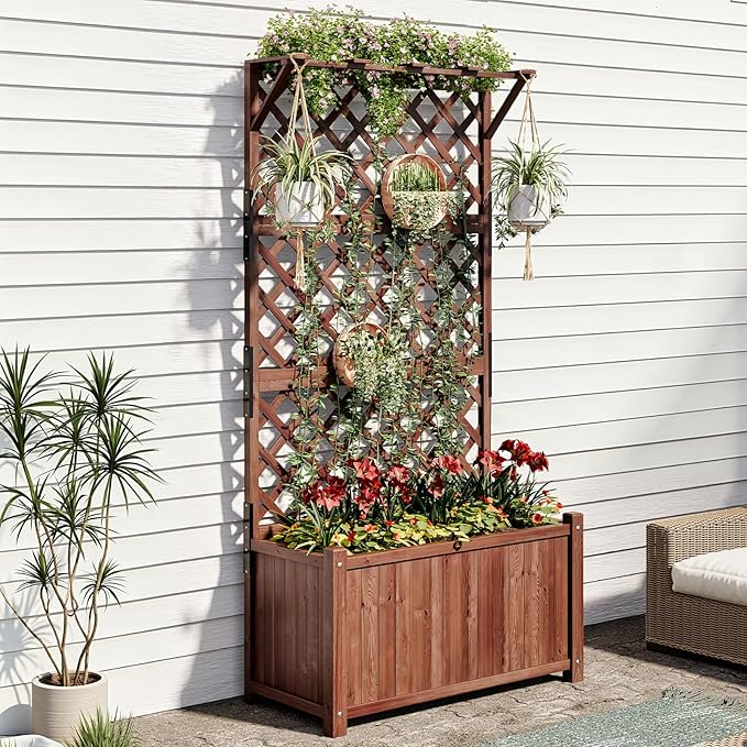 AMERLIFE Raised Garden Bed with Trellis for Vegetables, Climbing Plants, Durable Natural Wood Planter Box with Drainage Holes, Privacy Planter for Outdoor Yard & Patio, Easy Assembly