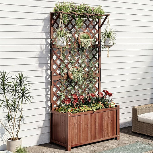AMERLIFE Raised Garden Bed with Trellis for Vegetables, Climbing Plants, Durable Natural Wood Planter Box with Drainage Holes, Privacy Planter for Outdoor Yard & Patio, Easy Assembly