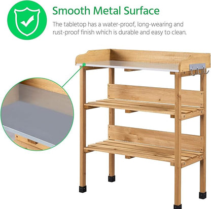 Yaheetech Outdoor Garden Potting Bench Table Wooden Horticulture Planting Worstation w/Metal Tabletop/Storage Shelf/3 Hooks, Natural Wood