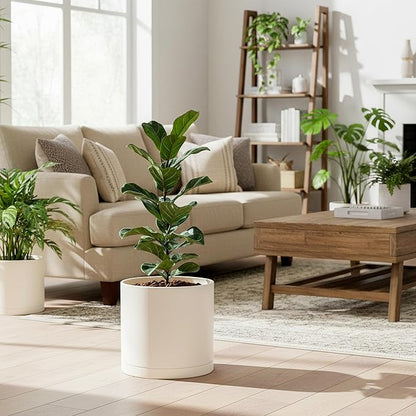 D'vine Dev 6.5 Inch 8 Inch 10 Inch, Set of 3 Plastic Planter Pots for Plants with Drainage Hole and Seamless Saucer, Oatmeal, Large, 74-V-H-4