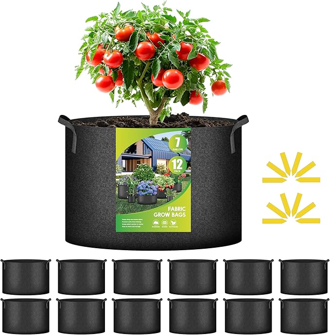 iPower 12-Pack 7 Gallon Grow Bags Heavy Duty Thickened Aeration Nonwoven Fabric Pots with Nylon Handles and 12 Labels for Planting Vegetables, Fruits, Flowers, Black