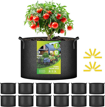 iPower 12-Pack 7 Gallon Grow Bags Heavy Duty Thickened Aeration Nonwoven Fabric Pots with Nylon Handles and 12 Labels for Planting Vegetables, Fruits, Flowers, Black