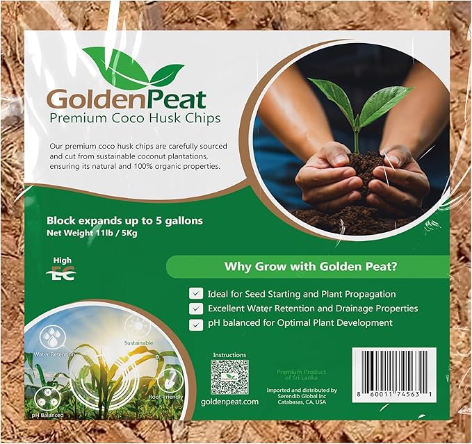 Organic 10lb Compressed Coco Chips Block is a Renewable high-Performing Substitute for Perlite eliminating Respiratory Hazards. Medium EC, Nutrient-Rich with Optimal Aeration and Drainage
