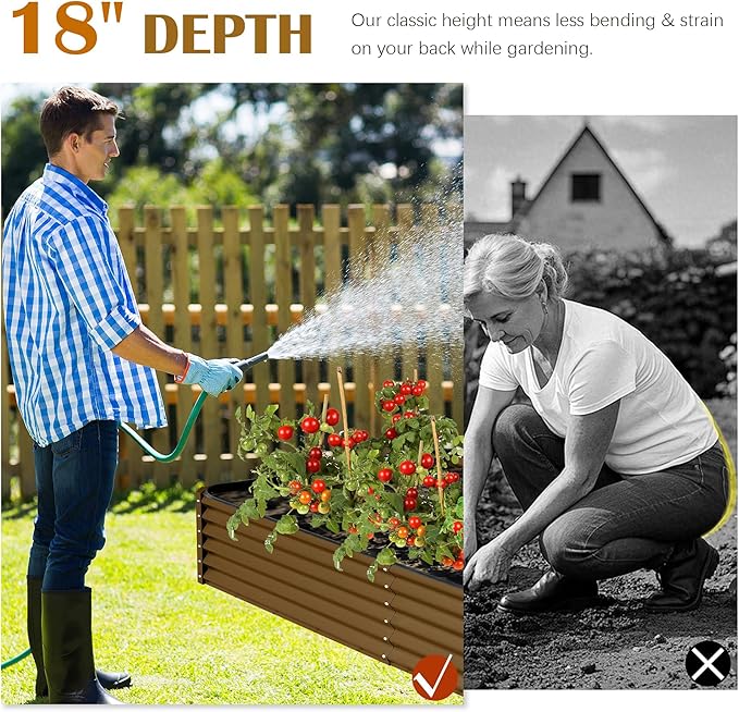 Domi 6x3x1.5ft Metal Raised Garden Beds Outdoor, Thickened Galvanized Steel Deep Root Planter Box with Stabilizing Bars & Rubber Edging for Vegetables, Flowers, Herbs - Brown