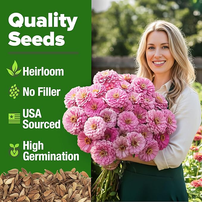 HOME GROWN Pink Zinnia Seeds – 1500 Luminosa Zinnias, Easy to Grow Annual Flower Seeds for Planting Outdoors for 2026, Fast Blooming, Heat Tolerant Herb Seed Garden Companion (Zinnia elegans)