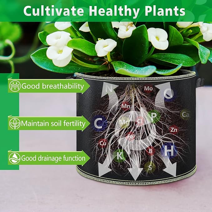 LINERY 10-Pack 15 Gallon Grow Bag Planting Black Heavy Duty Thickened Grow Bag with Handles Non-Woven Fabric Plant Pots (10-Pack 15 Gallon)