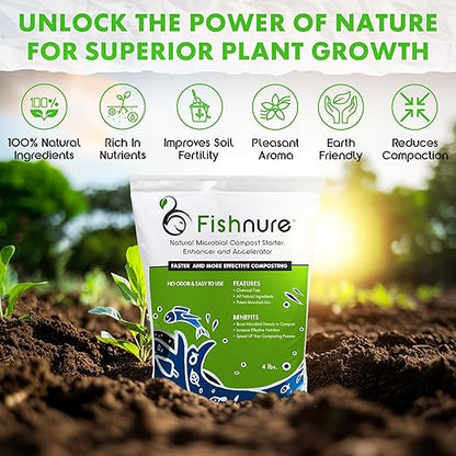 Fishnure - Odor-Free Natural Microbial Compost Starter, 1 4-lb Bag for 1000 lb Compost That Can Be Used as Fertilizer for Potting Soil Indoor Plants & Outdoor Plant Soil, Gardening Essentials