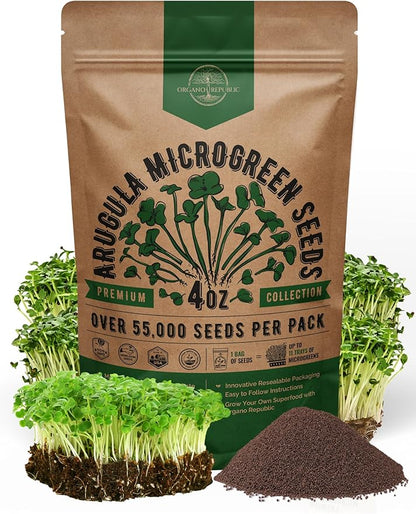 Organo Republic Arugula Sprouting & Microgreens Seeds - 55,000 Non-GMO Heirloom Seeds, Sprouts in 4 oz Resealable Bag for Planting & Growing Microgreens in Soil, Coconut Coir, Aeroponic & Hydroponic