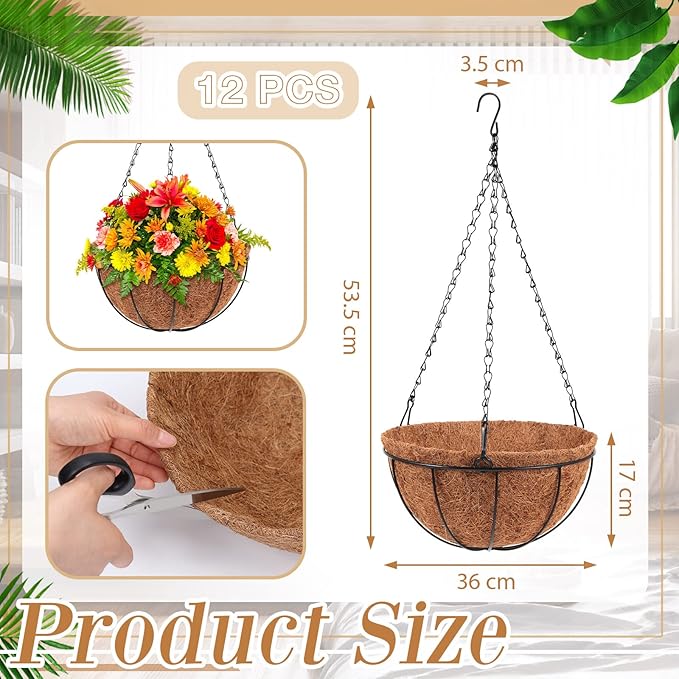Dandat 12 Pack 14 Inch Metal Hanging Planter Basket with Coconut Coir Liner Metal Wire Plant Holder Chain Watering Outdoor Hanging Pots Flower Pot Hanger for Porch Indoor Outdoor Garden Decorations
