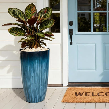 Worth Garden 23.5" Tall Plastic Planters Set of 2 with Drainage Holes, Gradient Blue Glossy Finish, Large Lightweight Round Plant Pots for Indoor Outdoor Use, Decorative Flower Pots for Front Porch