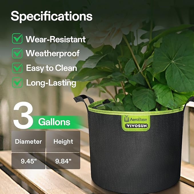 VIVOSUN 6-Pack 3-Gallon AeroBase Grow Bags, Durable Mesh Fabric Plant Container with Breathable Base and Sturdy Handles, Black