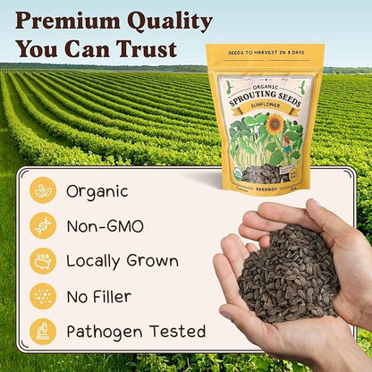 Seedboy Organic Sunflower Seeds for Sprouting - Non-GMO, USA Grown Microgreens Sprouting Seeds Mix - Makes 4 Quarts of Sprouts, 16 Servings (8 oz) (Black Oil Sunflower)