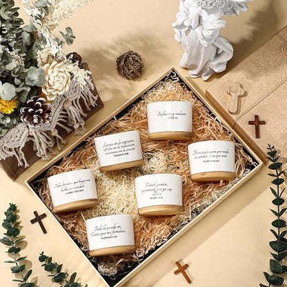 Sieral 6 Pcs Spanish Bible Verse Succulent Pots White Ceramic Flower Planter with Bamboo Tray Small Pots Christian Gift Succulent Planters for Patio Garden 3 x 3 x 2 Inch, Plants Not Included