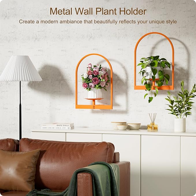 Orange Metal Wall Plant Holder - 2-Pack Wall Mounted Plant Stands and Hanging Holders for Indoor Planter and Flower Pot - Arch Decor Shelf for Plant Storage (Pot Not Included)