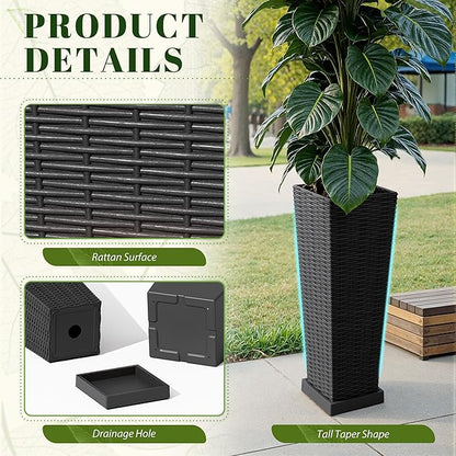 JUMMICO Set of 2 Resin Rattan Tall Planters for Outdoor Plants, Large Tapered Planters with Drainage Holes, Inner Trays and Outer Saucers, Flower Pots for Garden, Patio, Porch, Backyard (Black, 24")