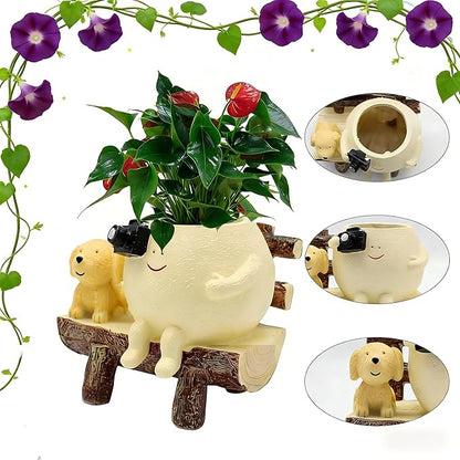 Smiley Face Planter Pot, Cute Funny Resin Bench Face Plant Pots with Drainage Hole, Unique Head Succulent Planter for Indoor Outdoor Flower Gifts for Plant Lovers