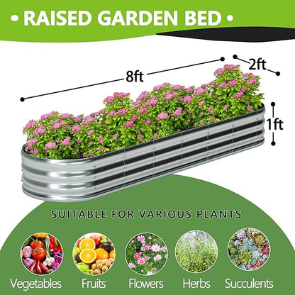 8x2x1ft(2 Pack) Galvanized Oval Raised Garden Bed,Outdoor Planter Box Metal Patio Kit Planting Bed for Vegetables Flowers Herb,Silver