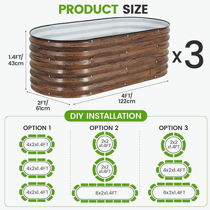 Galvanized Raised Garden Bed Outdoor |17'' Tall Planter Box Outdoor for Deep Root Plants | 3Pcs Raised Bed Kit for Gardening with Rubber Strip for Vegetables Flowers Fruits (Grain, 4x2x1.4FT)