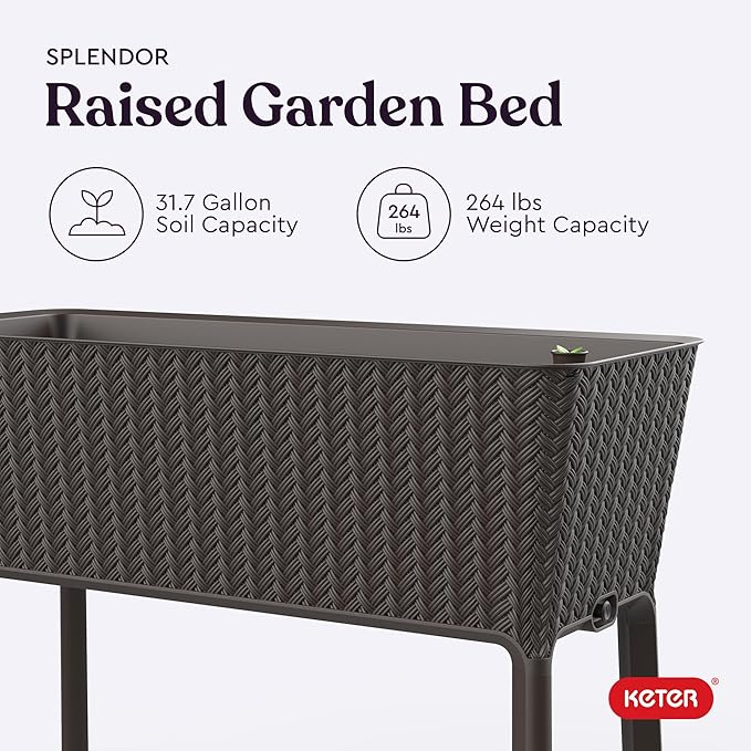 Keter Splendor 31.7 Gallon Raised Garden Bed with Self Watering Planter Box and Drainage Plug-Perfect for Growing Fresh Vegetables, Flowers and Herbs, Brown