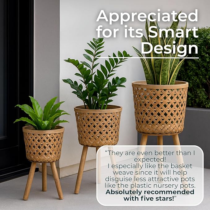 Set of 3 Woven Basket Decorative Planter Pot with Stand – Handcrafted Bamboo Pine Wood Outdoor & Indoor Plant Pot – Boho Garden & Home Decor Planters – 19", 22", & 26", Brown
