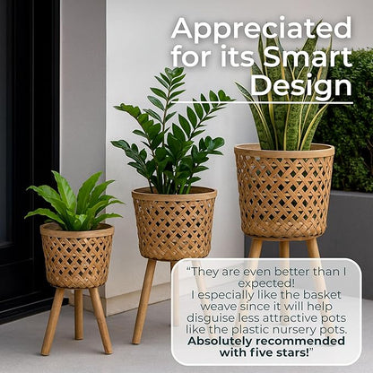 Set of 3 Woven Basket Decorative Planter Pot with Stand – Handcrafted Bamboo Pine Wood Outdoor & Indoor Plant Pot – Boho Garden & Home Decor Planters – 19", 22", & 26", Brown