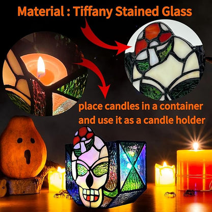 Tiffany Stained Glass Skull Planter,Planters for Indoor Plants,Skull Flower Pot,Candy Bowl,Halloween Planter Decorations 4.6x3x5.15 in