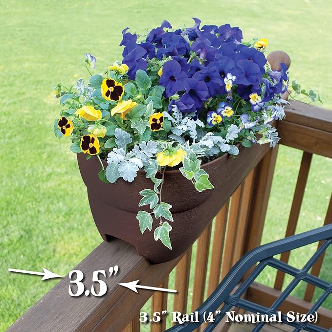 Emsco Group 2435-1 Bloomers Self-Watering 24" Weatherproof Resin 6" Railings – Brown Rain Planter Grow Box, Earth