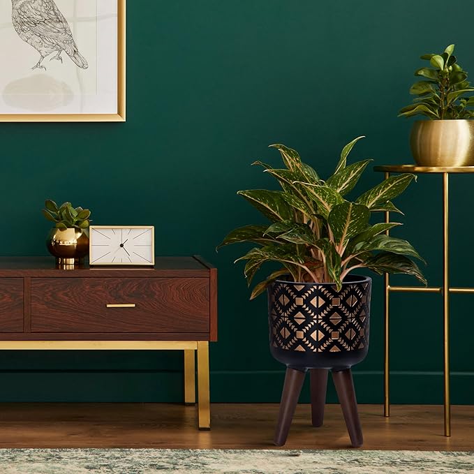 D'vine Dev 8 Inch Planter Pot with Stand, Mid-Century Tall Plant Pot with Legs for Indoor Plants, Small, Bronze/Black, 88-G-A-6