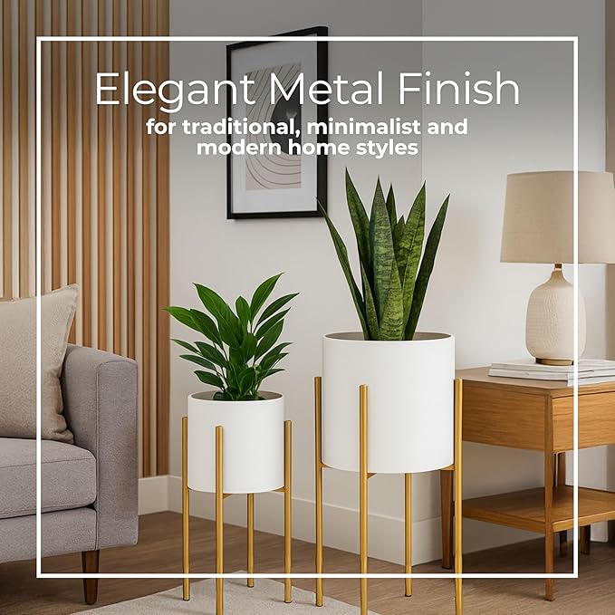 Decorative Flower Pots with Metal Stand for Home Decor - Modern Planters for Hallway, Entryway, and Living Room Decor - Indoor and Outdoor Pots for Plants - Set of 2, 23", 19", White & Gold