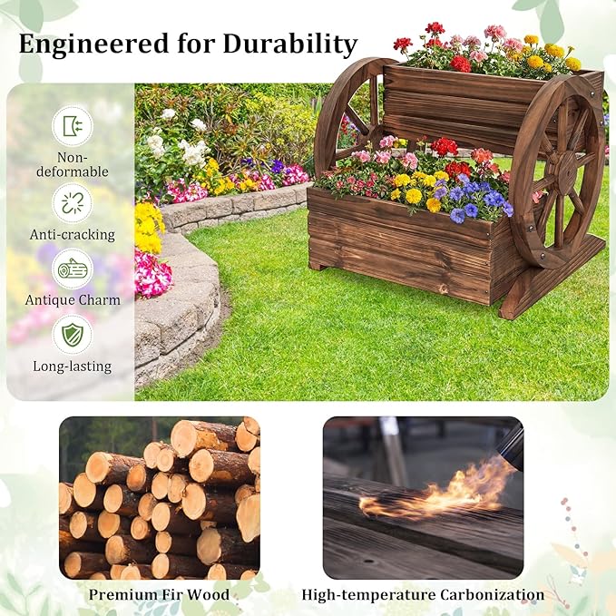 Giantex Wooden Wagon Planter Box, Garden Planter with Drainage Holes & Wheels for Flowers Herbs Vegetables, Indoor Outdoor Decorative Flower Cart for Patio Garden Balcony (1)