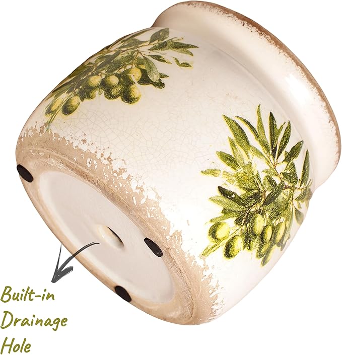 Flower Pots, Vintage Ceramic Planters for Indoor Plants, 6.29'' Plant Pots with Drainage, French Country Lavender Vase & Planters, Antique Home Room Decor, Olive Green