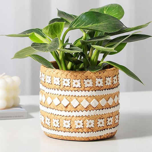 Concrete Rattan-Style Plant Basket Planter, 5" Plant Pots Indoor Outdoor with Drainage Hole, Boho Flower Pot for Succulents, Herbs, Modern Farmhouse Decor, Ideal Gift for Plant Lovers