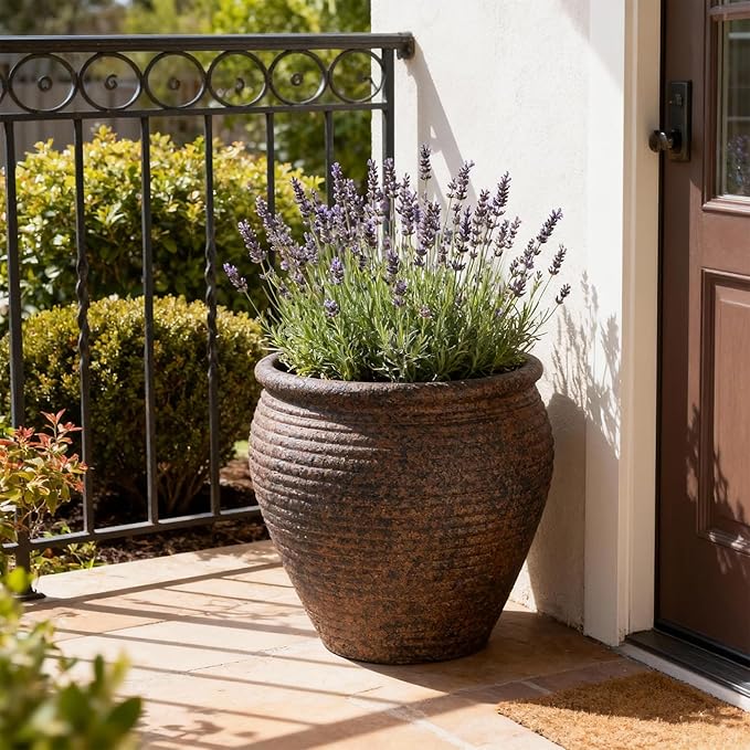 WORTH Clay-Pot-Style Plastic Planter Pots Set of 2 (Large: 17"Dia x 16"H & Small: 13"Dia x 13"H), Rustic style Flower Pots, Lightweight Plant Pots with Drainage Hole & Plug for Indoor & Outdoor Use