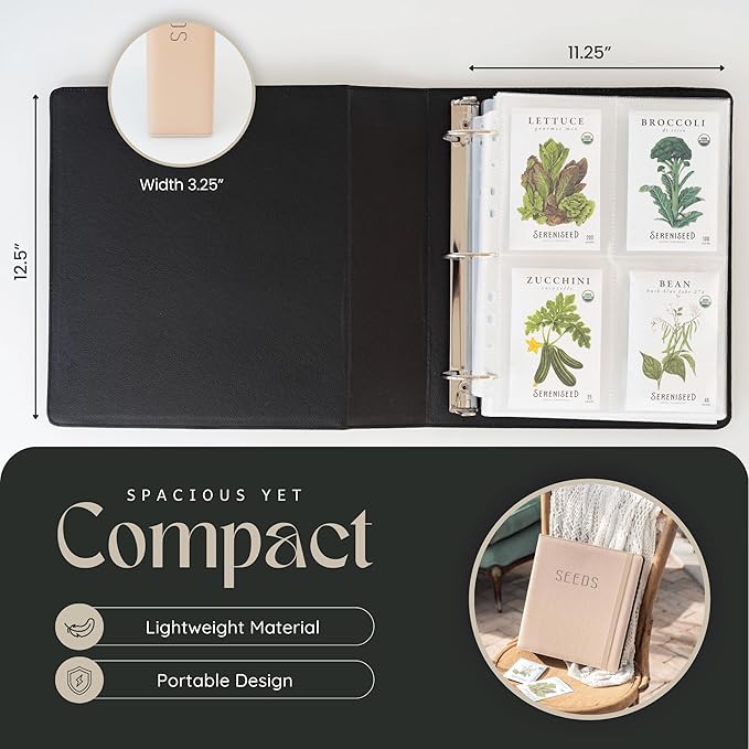 Seed Storage Binder – Seed Packet Organizer w/50 Sheet Protectors & Protective Flap-Top Inserts Stores 200 Envelopes Binder w/5 Dividers for Sorting Seeds & Gardening Supplies