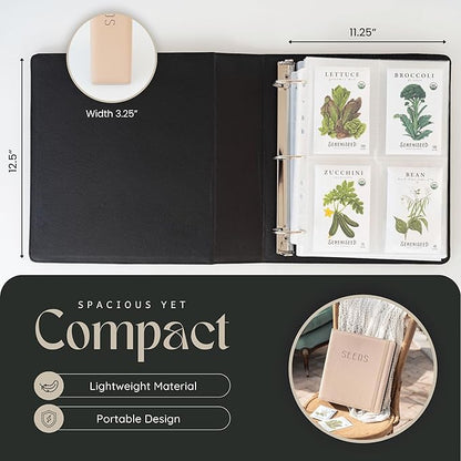 Seed Storage Binder – Seed Packet Organizer w/50 Sheet Protectors & Protective Flap-Top Inserts Stores 200 Envelopes Binder w/5 Dividers for Sorting Seeds & Gardening Supplies