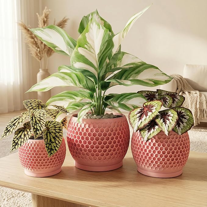 Plant Pots, Modern 3D Printed Honeycomb Planters for Indoor Plants, 4.7/6/8 Inch Cherry Pink Decorative Flower Pot for Office Desktop, Bookshelf & Home Decor, Lightweight & Durable.
