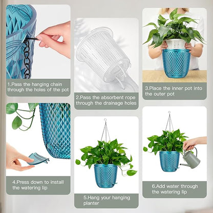 QCQHDU Self Watering Hanging Pots, 2 Pack 7.2 Inch Hanging Planters for Plants Indoor, Outdoor Plant Hanger Flower Pots with Drainage Holes and 3 Hooks Chains for Garden Home (Klein Blue)