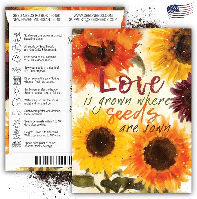 Seed Needs Heirloom Sunflower Seed Packet Favors for Party Events - Pre-Filled & Ready to Hand Out - Great for Weddings, Bridal Showers, Memorials, Fundraisers (100 Packets)