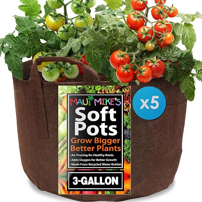 MAUI MIKE'S Soft POTS (3 Gallon) (5 Pack) Best Grow Bag Fabric Garden Pots from Thicker Material. Made from Recycled from Plastic Water Bottles.Lasts for Years.