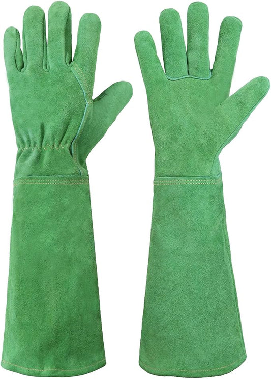 HANDLANDY Leather Gardening Gloves, Thorn Proof Long Gauntlet Heavy Duty Garden Gloves, Elbow Length Rose Pruning Weeding Yard Glove (Small, Green)