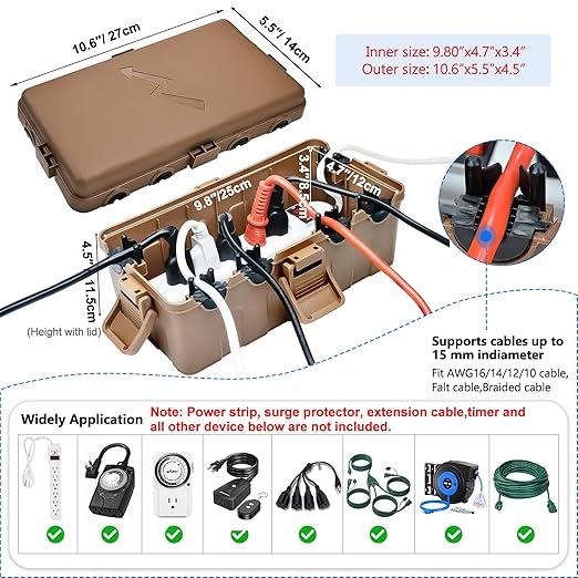 Hrensaw Medium Outdoor Electrical Box(10.6x5.5x4.5inch),IP54 Waterproof Extension Cord Cover w/6 Cable Entry,Weatherproof Connection Box Protect Power Strip,Timer,Plug,Holiday Lights,Brown