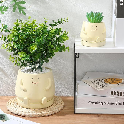 2 Pcs Smile Face Planters Pots with Drainage Hole, 6'' Head Planters 3.6'' Cute Resin Flower Pot for Indoor Plants, Succulent Pots for Plant Lover Gift(Face)