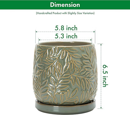 D'vine Dev 6 Inch Embossed Leaves Stoneware Planter Pot with Drainage Hole and Saucer, Olive, 27-A-X-0