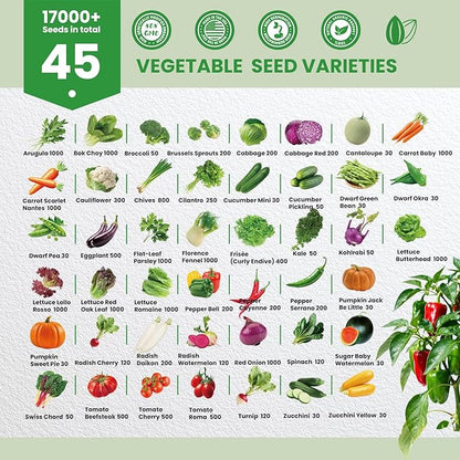 45 Vegetable Seeds Variety Pack - 17,000+ Non-GMO Heirloom for Planting Garden Seed Packets, Indoor & Outdoors Gardening -Seed Vault Kit, Friend Gift,Tomato Cabbage Spinach Cucumber Lettuce
