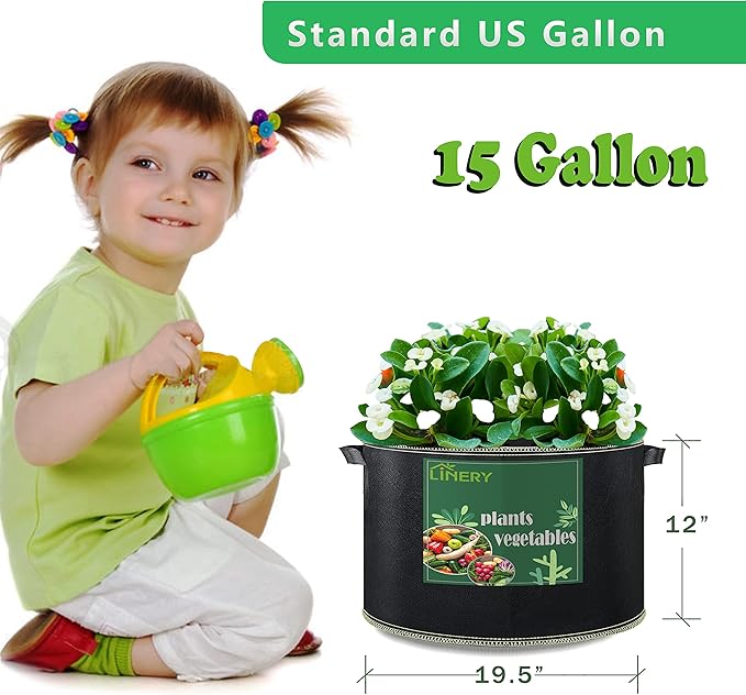 LINERY 15-Pack 15 Gallon Planting Grow Bag Black Heavy Duty Thickened Grow Bags Upgrade Hemming Process Grow Bag with Handles Non-Woven Fabric Plant Pots【15-15G】