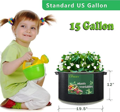 LINERY 15-Pack 15 Gallon Planting Grow Bag Black Heavy Duty Thickened Grow Bags Upgrade Hemming Process Grow Bag with Handles Non-Woven Fabric Plant Pots【15-15G】