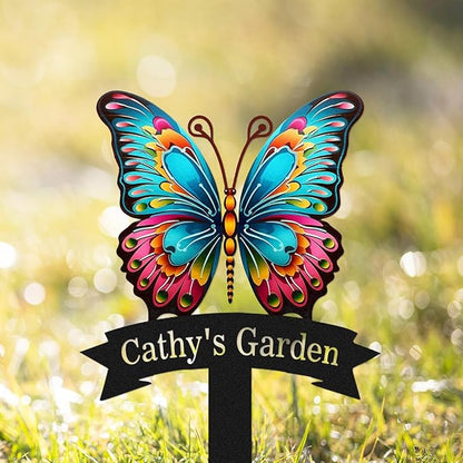 Custom Name Garden Decor Sign Butterfly, Personalized Colorful Butterfly Metal Garden Sign with Stake, Colorful Butterfly Metal Art Garden Stake Decorative Outdoor Yard Sign