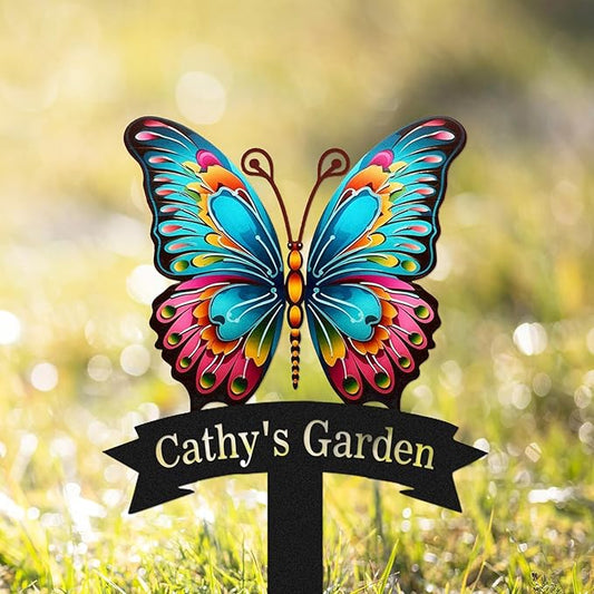 Custom Name Garden Decor Sign Butterfly, Personalized Colorful Butterfly Metal Garden Sign with Stake, Colorful Butterfly Metal Art Garden Stake Decorative Outdoor Yard Sign
