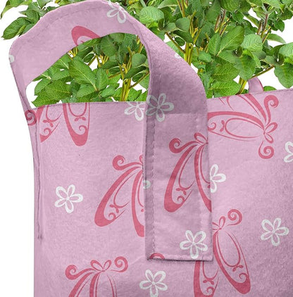 Ambesonne Ballet Grow Bags 5-Pack, Pointe Shoes with Flowers, Heavyduty Fabric Pots with Handles for Plants, Pink White