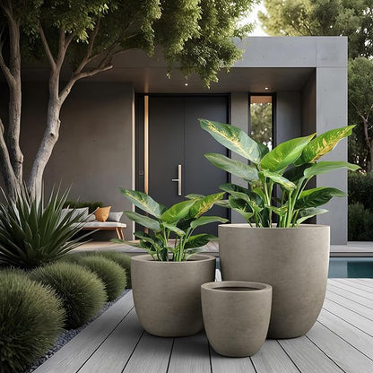 Kante Round Concrete Planter Set of 3, Large Outdoor Indoor Plant Pots with Drainage Hole, 10/14/18-Inch Diameter Flower Pots for Patio, Garden and Home, Weathered Concrete